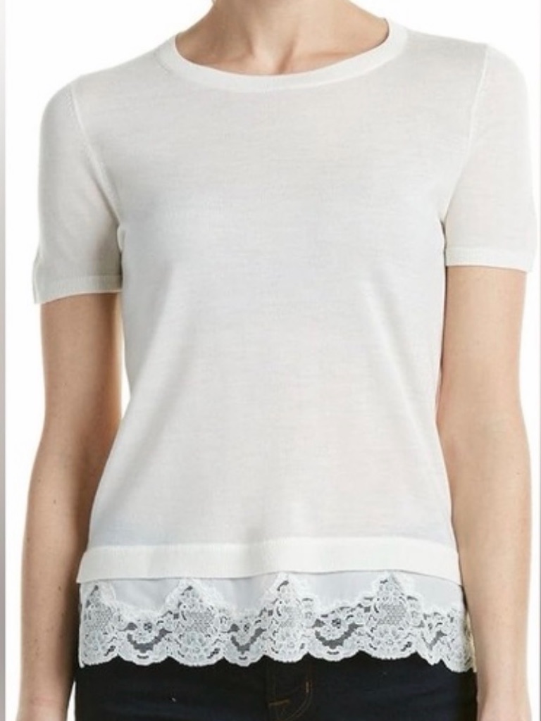 Theory Lilany Ivory Merino Wool Short-Sleeve Knit Top With Lace Hem Small